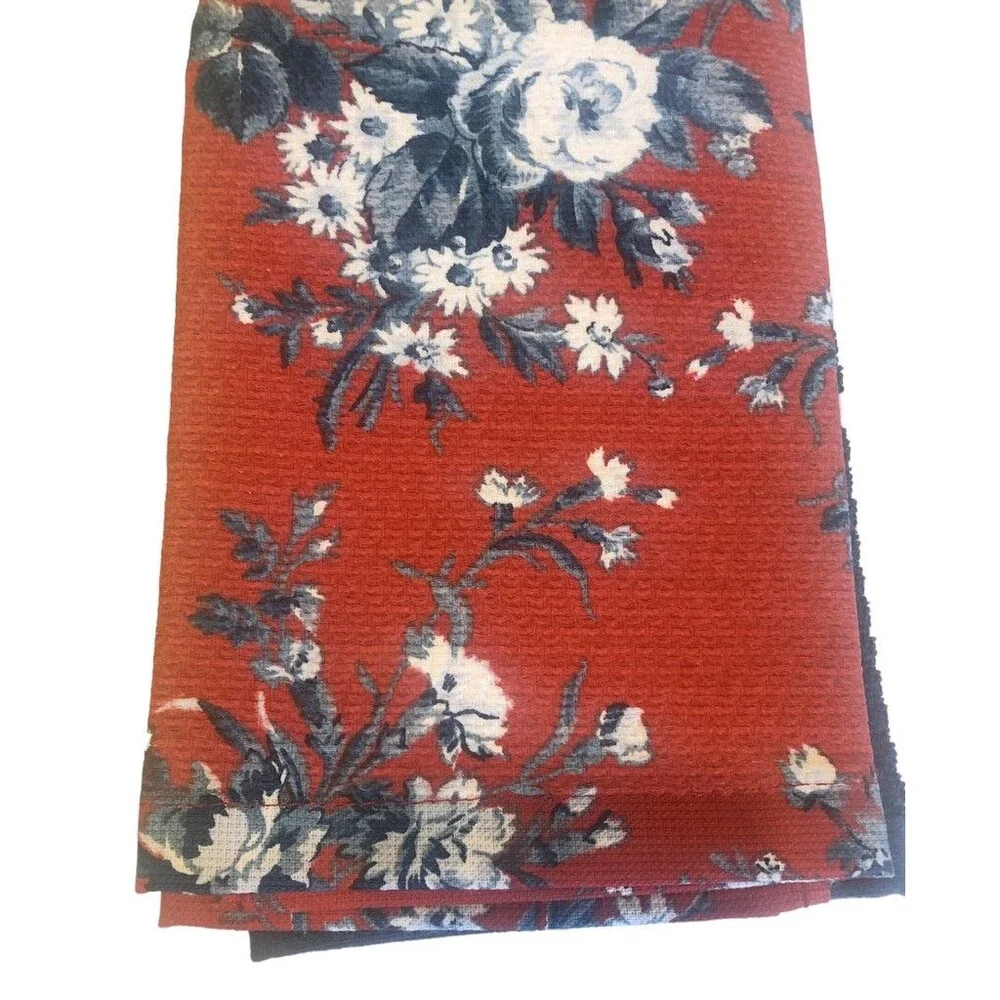 Ralph Lauren Kitchen Dish Towels Red Blue White Floral Cotton 17X28 Set of 3